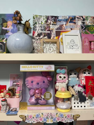 The image shows a shelf with various objects. On the left, there's a collage with text in Spanish, a framed drawing of a person with cats, a decorative tiara, a vase with dried roses, and a book cover with cartoon figures.
On the right side of the shelf, there are several plush toys, including Hello Kitty in its 50th-anniversary packaging, small figurines, a red envelope with Chinese characters, a small white plastic basket, and a butterfly sticker attached to a floral decorative border. There's also a small jar labeled "Little Twin Stars."
The image does not contain enough details to infer the location in the city of Santiago de Surco, Peru.