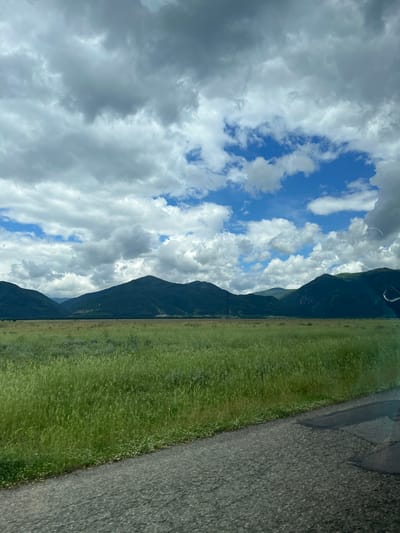 The image depicts a wide, scenic view of a rural landscape, likely near Gorno Sahrane, Bulgaria. A paved road runs diagonally across the lower right quadrant of the frame, with its surface showing signs of wear and some patches. Adjacent to the road, a lush, green field stretches out, filled with tall grasses and dotted with small white wildflowers. In the background, a range of dark, verdant mountains forms a dramatic horizon. The sky above is a mix of dramatic, fluffy white and gray clouds, interspersed with patches of bright blue sky, suggesting a dynamic weather day. No people or specific structures are visible in the frame. The overall impression is one of natural beauty and open space.