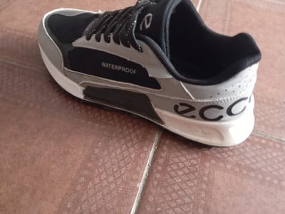 A black and gray sneaker with "WATERPROOF" written on the side is displayed on a reddish-brown tiled floor. The sneaker has a white sole and laces. The ECCO logo is visible on the side of the sole. The tiles are arranged in a grid pattern and appear to be outdoors.