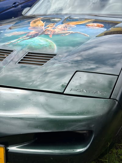 The image shows the front hood of a dark green Pontiac Trans Am, custom painted with a mythological scene featuring Pegasus and a rider in flight above a planetary landscape. The car is parked outdoors in a grassy area, possibly a roadside or a garden, given the presence of grass and a hint of foliage. The car's paint shows some water spots and dust, suggesting it has been exposed to the elements. The iconic Pontiac emblem is visible on the pop-up headlight cover. The backdrop includes reflections of the sky and clouds on the car's surface, as well as the blue door and window of another vehicle parked nearby. The car is likely located in Reckange-sur-Mess, Luxembourg, as indicated by the context.