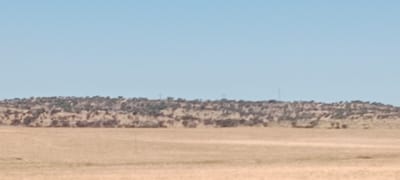 This image depicts a wide, open landscape under a clear blue sky. The foreground consists of a dry, flat, tan-colored field, suggesting arid or semi-arid terrain. In the middle ground, a rolling, elevated landscape is covered with scrubby vegetation, appearing as a textured, variegated band of greens and browns. The distant background is a hazy horizon with a few faint vertical structures that could be utility poles or communication towers. The overall impression is of a rural, natural environment, possibly a plain bordering hills or mountains. The image does not contain any identifiable landmarks or features that would specifically place it within the city of Trujillo, Spain.