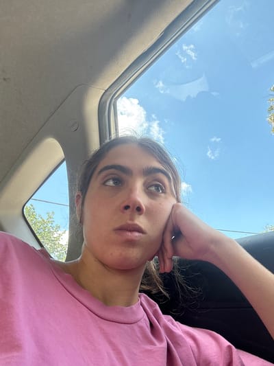 A young person is looking upwards while sitting in a vehicle. The person is wearing a pink shirt and has their hand touching their face. Above them is a sunroof through which a blue sky with some clouds and tree branches can be seen. The interior of the vehicle is visible, including the headliner and parts of the seats. The location is most likely Alona Regional Council, Israel.