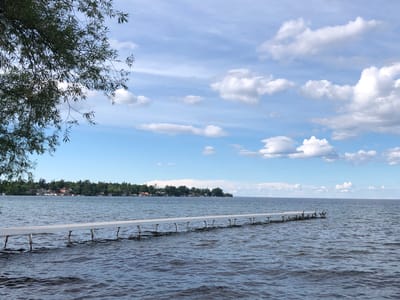 The image depicts a serene lake scene with a long, white pier extending into the water. The pier is supported by numerous vertical posts. The water is a deep blue with visible ripples. In the distance, a tree-lined shore is visible, with several houses and boats scattered along the coastline. The sky is a clear blue, punctuated by scattered white clouds. A branch of a green, leafy tree is in the upper left corner of the frame. This scene is likely located in Innisfil, Canada, a town known for its waterfront properties and recreational activities on Lake Simcoe. There are no people or animals visible in the image.