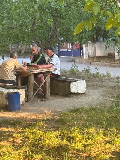 Three men are seated at a rustic wooden table outdoors, appearing to be engaged in a game or conversation. The man on the far left, facing away from the camera, wears a light-colored t-shirt and dark shorts, with his left arm resting on the table. To his right, a man in a black jacket with green stripes and dark shorts is smoking and holding a cigarette in his right hand, looking towards the man opposite him. The third man, on the far right, wears a white t-shirt with black and white accents and dark shorts, also looking towards the man in the black jacket. He is holding a cigarette in his right hand. They are seated on rough-hewn stone benches or blocks. The table is supported by rough wooden legs and is placed on a dirt or gravel surface. A blue metal barrel stands to the left of the table. The scene is set under a large tree with green leaves, and in the background, a fence, a purple gate, and buildings can be seen. The lighting suggests it is late afternoon or early evening, with sunlight casting long shadows and highlighting the grass in the foreground. The setting appears to be a residential area in the city of Skalyste, Ukraine.