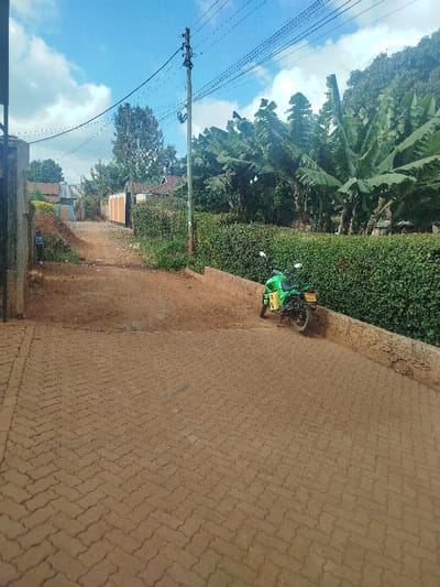 The image depicts an outdoor scene in Kihara ward, Kenya, looking uphill along a street. In the foreground, the street is paved with reddish-brown interlocking pavers laid in a herringbone pattern. This paved section transitions into a reddish-brown dirt road that continues uphill towards the background.

On the right side of the dirt road, a bright green motorcycle is parked, angled slightly left and uphill. It features yellow saddlebags or compartments on its rear rack and has a visible license plate with the alphanumeric sequence "KQN". The motorcycle rests against a low, light brown retaining wall that runs parallel to the dirt road. Behind this wall and extending upwards, a dense, well-maintained green hedge lines the right side of the path. Beyond the hedge, a cluster of large-leafed trees, identifiable as banana trees due to their characteristic foliage, are prominent. Other trees with lighter green leaves are also visible in the background.

On the left side of the dirt road, a partial view of a dark vertical structure, possibly a wall or gatepost, is present. A small, partially obscured human figure, appearing to be a child, stands on the dirt path near this structure. Further up the dirt road in the background, several single-story residential or commercial buildings are visible. One building on the right features a facade with vertical light brown panels, while another building further left has a prominent blue door.

A tall, dark utility pole stands centrally on the left side of the dirt road, supporting multiple overhead power lines that traverse the upper portion of the frame. The sky above is clear blue with scattered white clouds. The overall lighting suggests daylight conditions.
