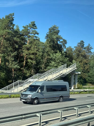 The image captures a daylight scene on a highway in Buzova, Ukraine. A light grey Mercedes-Benz Sprinter van, equipped with tinted side windows and a dark windshield visor, is depicted in motion, traversing from left to right across a paved multi-lane road. A metallic guardrail system occupies the immediate foreground. In the background, a multi-segment pedestrian overpass with metal railings and concrete supports ascends diagonally upwards from the right side of the frame, positioned above the road. Beyond the overpass and to the left, a dense forested area comprising tall conifers and deciduous trees lines the highway. The sky overhead is clear blue with faint wisps of cirrus clouds. No human figures or direct interactions are discernible.