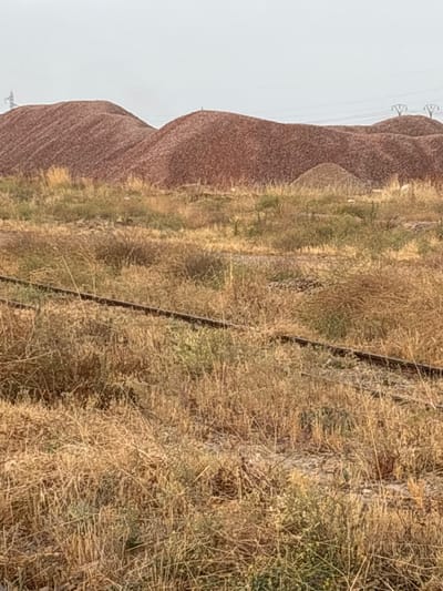 The image depicts a dry, grassy landscape with large piles of reddish-brown material in the background. A set of train tracks runs through the foreground, partially obscured by the dry vegetation. In the distance, power lines and pylons are visible against an overcast sky. The scene suggests an industrial or mining area, possibly on the outskirts of Berrechid, Morocco, characterized by arid conditions and the presence of raw materials. There are no people or animals visible in the image, and no activity is taking place.
