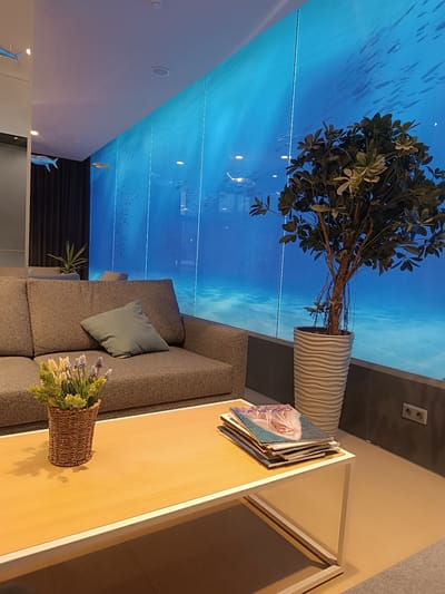 The image shows a modern living room with a large aquarium-like wall featuring a vibrant underwater scene with a school of fish. In the foreground, a comfortable grey sofa is adorned with a light blue cushion. Beside the sofa, a low wooden coffee table holds a basket of faux flowers and a stack of magazines. To the right of the sofa, a tall potted plant with lush green leaves adds to the natural ambiance. The room's design incorporates smooth, clean lines and a bright, airy feel, creating a serene and sophisticated atmosphere. The location is in Idrisovo, Russia.