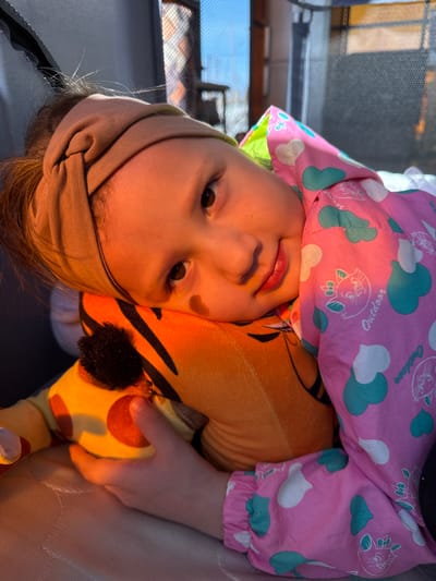 A young girl is holding a stuffed giraffe. She is wearing a pink jacket with white and green cloud-like shapes and cartoon animal drawings. The girl is wearing a brown headband. The location is likely indoors due to the presence of the window. The image does not have sufficient information to confidently locate the exact location in the city of Кипчак, Russia.