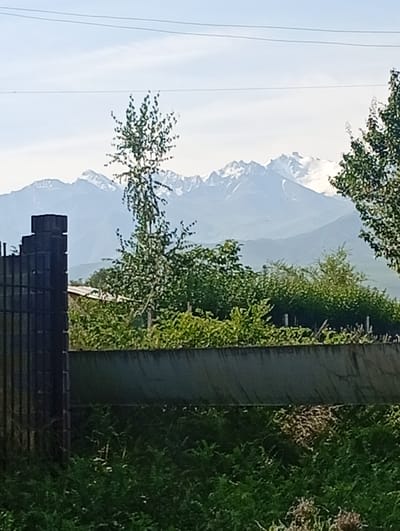 A landscape photograph captures a scene in Tash-Moinok, Kyrgyzstan, featuring a majestic mountain range in the background. The mountains are capped with snow, indicating their high altitude. In the foreground, a dark metal fence stands to the left, and beyond it, lush green vegetation and trees create a verdant foreground. A low, weathered wall or barrier runs horizontally across the mid-section of the image, separating the foreground from the middle ground. The sky above is a clear, pale blue with faint hints of clouds. The overall impression is one of natural beauty, with a stark contrast between the rugged mountains and the softer, cultivated landscape in the foreground.