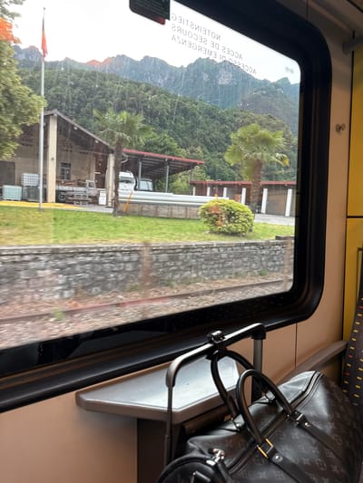 The image captures a serene view from a train window, looking out at a mountainous, verdant landscape in Val Mara, Switzerland. Inside the train, the black frame of the window is prominent, with reflections of the interior visible on the glass. To the right, a black travel bag, identifiable by its patterned monogram (likely Louis Vuitton), rests on a grey surface, possibly a seat or luggage rack.
Outside, the scenery is dominated by steep, densely forested mountains that rise dramatically in the background. The slopes are covered in various shades of green trees. In the midground, a more developed area is visible, featuring several buildings, including what appears to be a multi-story structure and a shed. Bright green grassy areas and a dirt or gravel path run parallel to the train's presumed tracks. Several tall palm trees stand out against the green backdrop. A flagpole with a red-orange flag is visible near one of the buildings. A white truck and other vehicles are partially seen parked near the structures.
The lighting appears diffused, suggesting an overcast day or a soft daylight period, as there are no harsh shadows. Reflected on the train window, reversed text is visible, reading "NOTE SITZIRTS" and "ACCES DE SECOURS," which translates to "EMERGENCY ACCESS," indicating the train operates in a French-speaking region. The overall scene depicts a journey through a picturesque, natural environment.