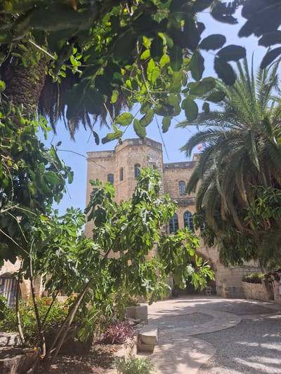 In Abu Gosh, Israel, a sun-drenched courtyard features a stone building with arched windows and a tower, partially obscured by lush green foliage and palm trees. A winding pathway of gravel and stone leads through the courtyard, flanked by stone benches and potted plants. The scene is peaceful and serene, suggesting a tranquil atmosphere.