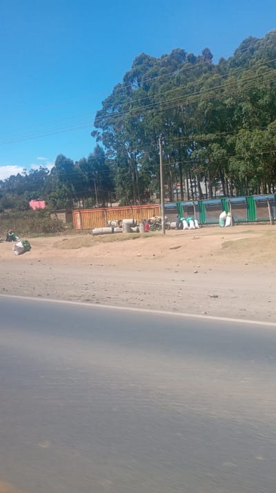 A roadside scene unfolds with a mix of urban and rural elements. A variety of structures line the roadside, including shipping containers in orange and green, and several large concrete pipes. Bags and other items sit on the ground near the pipes, possibly merchandise for sale. Trees dominate the background, and a clear blue sky completes the setting. The road is paved, with visible wear and tear.