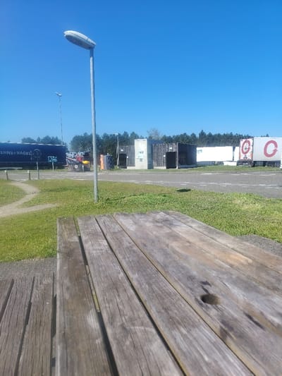 The scene depicts an outdoor rest area under a clear blue sky, located in Saugnac-et-Muret, France. In the immediate foreground, a weathered wooden picnic table and an attached bench occupy the lower frame, displaying prominent wood grain and a circular hole on the table surface. Beyond the table, a patch of green grass is visible, transitioning to a paved surface. A tall, silver-colored street light with an oval-shaped fixture stands centrally in the midground. Further back, a cluster of modern, modular structures, featuring wood paneling and dark access points, are positioned alongside the paved area. In the background, several semi-trailer trucks are parked. A dark blue trailer on the left bears the text "KOEHNE+NAGEL", while a white trailer on the right displays a large red "C" logo with an encircling arrow. A dense line of trees forms the horizon, and the sky is uniformly clear blue. No individuals are present in the scene.