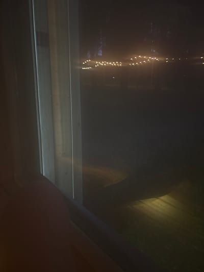 The image displays a nocturnal outdoor scene viewed from an interior perspective in the city of Мишкино, Russia. On the left, two prominent vertical, light-toned window mullions exhibit subtle reflections. A dark, curved form partially obscures the lower left frame, consistent with a human arm or shoulder. The exterior is dark, featuring a horizontal line of numerous small, amber-colored lights across the mid-ground, appearing slightly diffused due to distance or atmospheric conditions. Faint, dark vertical silhouettes, consistent with trees, are discernible in the background above these lights. Two distinct, elongated, yellowish light beams are projected diagonally onto the dark ground in the lower right and center, illuminating a textured surface indicative of earth or sparse vegetation. No explicit human actions or interactions are discernible beyond the potential partial presence of a viewer's limb.