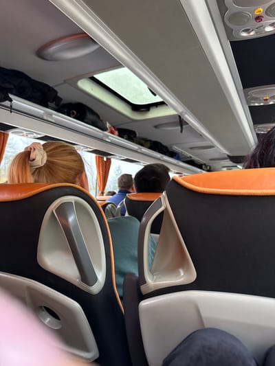 The image depicts the interior of a passenger transport vehicle, identified as operating within Dimitrovgrad Municipality, Serbia, viewed from a seated position looking forward. In the immediate foreground, a partial view of a leg clad in dark trousers is visible on the right, and a blurry pink object is present on the lower left. Directly ahead, two seats are prominent, featuring black fabric upholstery with orange piping along the top and sides, and gray plastic components on the backrests, including a triangular handle-like structure and a circular recess (possibly a cup holder) on the seat closest to the viewer.

To the left, the back of a person's head with blonde hair, styled in a ponytail secured by a light-colored scrunchie, is visible. To the right, the back of another person's head with dark hair is seen. Further into the vehicle, multiple additional passengers are seated, primarily visible from behind, including one individual in a blue garment.

Above the passenger seating, overhead luggage racks extend along both sides of the aisle, holding various items, primarily dark-colored bags. The ceiling is white, incorporating oval-shaped light fixtures and a central rectangular skylight or emergency hatch. On the right side of the ceiling, above the seats, passenger service units with individual lights, air vents, and control buttons, including a yellow "STOP" button and red alert buttons, are visible. Large rectangular windows line the left side, partially obscured by orange curtains tied back, revealing a blurred outdoor scene with trees under what appears to be an overcast sky.