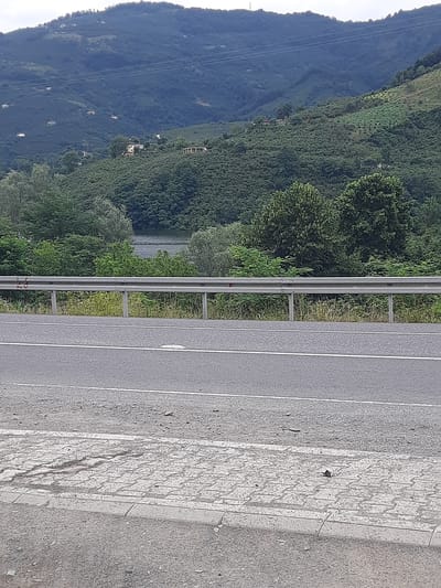 The image depicts a landscape scene in Ayvacık, Turkey, characterized by rolling hills covered in dense vegetation and a body of water visible in the middle ground. A paved road runs horizontally across the foreground, bordered by a metal guardrail. The road surface is marked with white lines. Beyond the guardrail, a patch of grass and some scrub vegetation is visible. In the background, the hills are densely forested with interspersed small buildings, suggesting rural or semi-rural habitation. The sky is overcast, contributing to the muted light of the scene. The foreground also shows a section of interlocking paving stones, some of which appear worn and cracked. There are no people visible in the image.