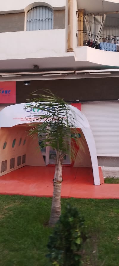 A tree stands in front of a red platform that houses an airplane-shaped advertisement with green and white lettering. The advertisement is set up in front of a storefront with a closed white shutter. Above, a white building features a second-story balcony with clothes hanging on it and an arched window with bars. The tree is centered in the foreground.