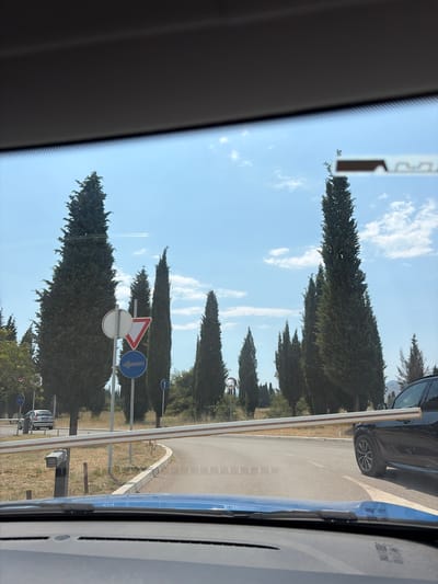 The image, taken from inside a vehicle, shows a view through the windshield. The scene is outdoors, with a clear blue sky and scattered white clouds, suggesting a sunny day, likely in the late morning or early afternoon. Tall, slender cypress trees line a paved road. Several traffic signs are visible: a red and white triangular warning sign, and circular blue signs with white arrows indicating direction. A white and brown barrier arm is extended across the road, possibly indicating an entrance or exit point. A dark-colored car is parked on the side of the road. In the distance, other vehicles and more trees can be seen. The overall setting appears to be an open area, possibly a park, residential area, or a road leading into one. The perspective implies the viewer is either entering or exiting this area. No people are clearly visible.