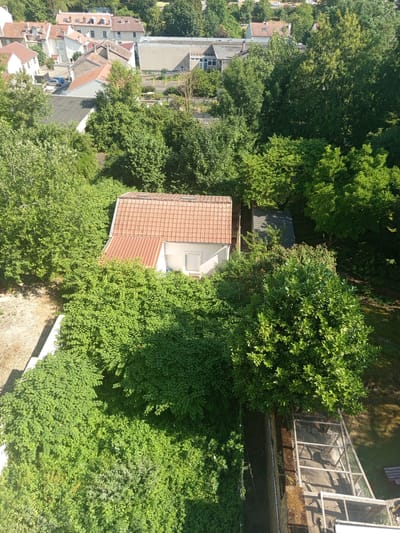This is an aerial, high-angle shot of a residential area in Nancy, France, during daylight. The image is dominated by lush green foliage, with several buildings and structures interspersed.
In the foreground and mid-ground, dense bushes and trees create a verdant landscape. A small, single-story building with a reddish-orange tiled roof and white walls is visible, partially obscured by vegetation. It has a white door and a single window. Adjacent to this building, a dark grey, sloped roof structure is partially visible. To the right of these structures, a tall, metal frame with netting, possibly a cage or enclosure, is set up on a concrete base. A wooden bench is also situated nearby on a grassy area.
In the background, several larger buildings with tiled roofs and white or light-colored facades are visible. Some of these appear to be multi-story residential houses. A road with at least two blue cars can be seen winding through the neighborhood. Trees are abundant throughout the scene, with some taller trees forming a canopy. The overall impression is of a suburban or semi-rural environment with a significant amount of greenery.