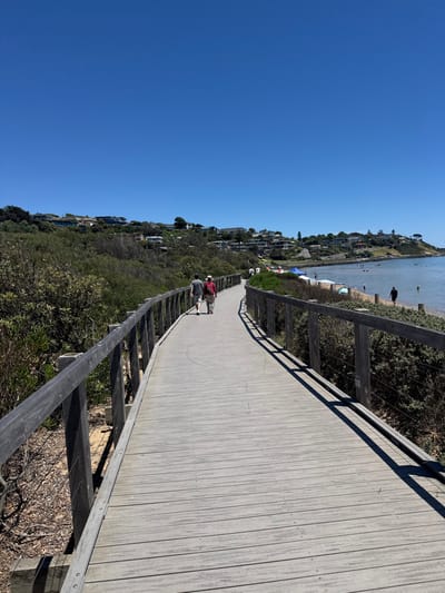 The image displays a sunny coastal scene in Frankston, Australia, looking out over calm waters with a clear blue sky overhead. A wide, accessible wooden boardwalk or ramp is the most prominent feature, curving gently from the foreground and extending into the distance along a vegetated hillside. The boardwalk features sturdy wooden railings on both sides, and strong sunlight casts distinct shadows of these railings onto the light grey wooden planks, indicating a bright day.

In the mid-ground on the boardwalk, two individuals are visible. One person, wearing a red shirt and dark trousers, is pushing a grey object that resembles a pram or a small utility cart. Behind them, another person, dressed in a grey shirt and dark trousers, walks alongside. Their posture suggests a leisurely stroll.

To the left of the boardwalk, the sloping hillside is covered with a mix of green and dry coastal vegetation. Below this vegetation, a narrow strip of sandy beach or foreshore is visible, where several small tents or umbrellas are set up. The light blue water of the bay or ocean contains a few small boats or buoys, and a solitary figure can be seen standing in the shallow water further out.

In the far distance, along the opposite shore, numerous buildings and houses line the elevated coastline, contributing to the serene residential backdrop. The scene conveys a sense of peaceful leisure on a beautiful, clear-skied day. No visible text is present in the image.