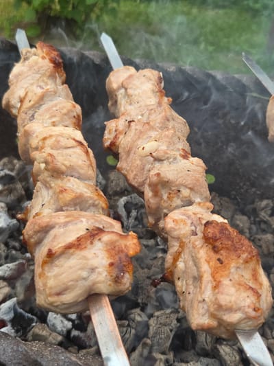 Two skewers of meat are being grilled over hot coals. The meat is light brown with some darker brown, slightly charred edges, indicating it is cooking well. The skewers are made of metal and pierce through chunks of meat. Wisps of smoke rise from the coals and around the meat, suggesting the cooking process is underway. The background is blurred, but hints of green foliage and a dark, possibly ashy surface, are visible. The setting appears to be outdoors, likely a backyard or park, given the presence of greenery. The scene evokes a sense of casual outdoor dining or a barbecue. There is no visible text in the image. The overall impression is one of delicious food being prepared in a relaxed, natural environment.