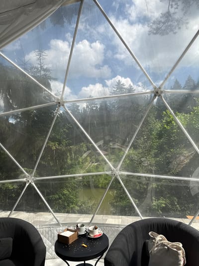 In the city of Nechkino, Russia, a dome-shaped structure offers a panoramic view of a lush, green forest and a body of water. Inside the dome, two black armchairs are positioned for relaxation, with a small black table between them. On the table, a wooden napkin holder sits next to two white coffee cups and saucers. A tote bag with rope handles rests on the armchair to the right, and a small key is visible on the table. The clear dome walls are supported by a white geodesic framework, allowing unobstructed views of the natural surroundings. The sky is partly cloudy, with fluffy white clouds against a clear blue backdrop.