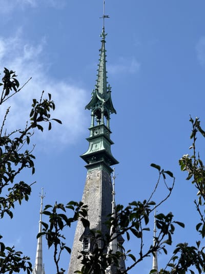 An upward-angled shot captures the intricate spire of a historic building, likely a church or abbey, reaching towards a clear blue sky with sparse, wispy clouds. The main shaft of the steeple is constructed from dark grey slate or stone, forming a textured, patterned surface. As it ascends, the steeple transitions into a highly ornate, multi-tiered spire crafted from what appears to be patinated copper or bronze, displaying a distinct greenish hue. This upper section features elaborate architectural details, including pinnacles, decorative elements resembling gargoyles, and small openings. A slender, delicate finial or weather vane crowns the very top.
Framing the view are dark, leafy tree branches from the foreground, some with lighter green new growth, partially obscuring the base and right side of the main spire. Through the branches in the lower right, a portion of another, lighter-colored, possibly white or grey, slender spire with similar decorative elements is visible, suggesting a complex with multiple towers or nearby structures. The lighting indicates a bright day, casting clear shadows and highlighting the details of the architecture and foliage. The scene evokes a sense of historical grandeur and architectural craftsmanship under a serene sky. No text is visible in the image. Given the location context of Fécamp, France, this is likely part of a significant religious edifice such as the Abbaye de la Trinité or Église Saint-Étienne.
