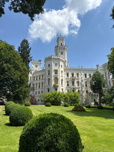The image shows a grand white castle with multiple towers and intricate architectural details, set against a bright blue sky with fluffy white clouds. The castle is surrounded by a lush green lawn and manicured bushes, with trees framing the scene. The garden also features a flower bed with orange flowers and several round, trimmed hedges. This is Hluboká Castle, located in Hluboká nad Vltavou, Czechia. There are no people visible in the image. The scene appears to be captured on a sunny day.