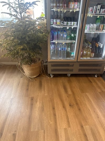 The image depicts an indoor scene within a commercial establishment in Ericeira, Portugal, likely a cafe or shop. The flooring is composed of light brown wood-effect laminate planks. To the left, a medium-sized, somewhat dry evergreen plant, possibly a conifer, is contained within a woven light-brown jute or wicker basket, from which several loose fibers extend onto the floor. Behind the plant, a large window reveals a partial view of an exterior street scene, including a light-colored building facade and a distant, indistinct figure. To the right of the plant, two grey, commercial glass-front display refrigerators stand side-by-side on wheels. The refrigerators are stocked with various bottled and canned beverages, including "MAI MAI" kombucha, "why not" branded drinks, "GoodOds" drinks, bottled still and sparkling water (e.g., "FOS", "VITALIS"), and various wines and juice cartons. Small white paper labels are taped to the interior shelves of the refrigerators. A light-colored cable runs from behind the plant across the floor towards the refrigerators, and a dark cable is visible near the base of the right refrigerator. No individuals are clearly identifiable in the immediate foreground or midground.