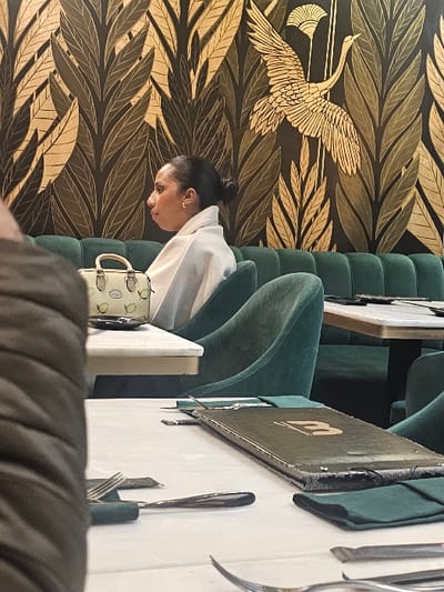 A woman with her hair in a bun sits in a green booth in front of a wall decorated with gold leaves and a crane. She wears a white sweatshirt. On the adjacent white table are cutlery and a menu. A green and white mug sits next to her. The bottom of the frame shows the back of another dark-colored booth.