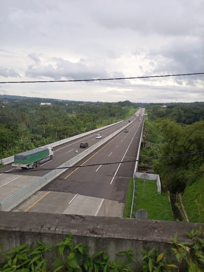 The image depicts an elevated, multi-lane highway traversing a lush, verdant landscape under an overcast, grey sky in the city of Caringin, Indonesia. The highway consists of two separate carriageways, each with multiple lanes marked by white dashed and solid lines, divided by a concrete median barrier. Concrete safety barriers line the outer edges of the elevated structure.
On the carriageway moving away from the viewer (left side), a white and green semi-truck with a green tarp-covered trailer occupies the far left lane. Behind it, a dark-colored SUV is in the middle lane, and a white sedan is further ahead in the right lane. On the opposing carriageway (right side), a dark-colored sedan or small SUV is visible, along with other indistinct vehicles receding into the distance.
The surrounding environment is characterized by dense tropical foliage, including numerous trees and thick undergrowth, extending into the background where distant hills are visible. The foreground features a concrete barrier, partially obscured by green leafy vegetation. Above the highway, several black power or communication cables span horizontally across the frame. To the immediate right of the right carriageway, a sloped area of mowed grass contains the reverse side of several grey road signs and a visible drainage channel. No individuals are discernibly present within the scene.