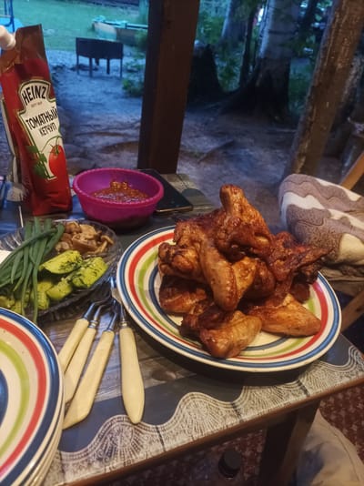 The image depicts an outdoor setting, likely a backyard or patio, in the city of Vodorazdel, Russia. A table is laden with food and place settings, suggesting a meal is being prepared or consumed. On the table, a large platter of golden-brown, roasted chicken wings is prominently displayed. To the left of the chicken, a clear glass dish contains a salad of sliced cucumbers with dill, and a bunch of green onions. Further left, a pink bowl holds a red sauce, possibly a dip or relish. A pouch of Heinz ketchup is also visible. Several forks with cream-colored handles are placed on the table, ready for use. In the foreground, a stack of colorful striped plates is partially visible. The background shows a rustic wooden structure, trees, and hints of outdoor furniture, indicating a casual, possibly evening gathering.