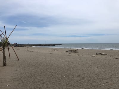 This is a horizontal, eye-level, medium shot of a beach. In the foreground, a sandy beach is littered with debris including driftwood and plastic. To the left, a rough structure of wooden poles is erected, with a palm frond emerging from its base. In the middle ground, a breakwater constructed of large stones stretches out into the sea. Beyond the breakwater, the ocean is visible, with moderate waves. The sky above is overcast with scattered clouds, suggesting a daytime scene, possibly late afternoon due to the muted light. The overall mood is quiet and somewhat desolate, with the natural elements of the beach and sea juxtaposed with man-made debris. In the background, several small structures are visible near the start of the breakwater, along with what appears to be a red excavator, hinting at ongoing construction or maintenance work. A distant ship is also visible on the horizon. The location is Keudekruenggeukueh, Indonesia. No text is visible in the image.