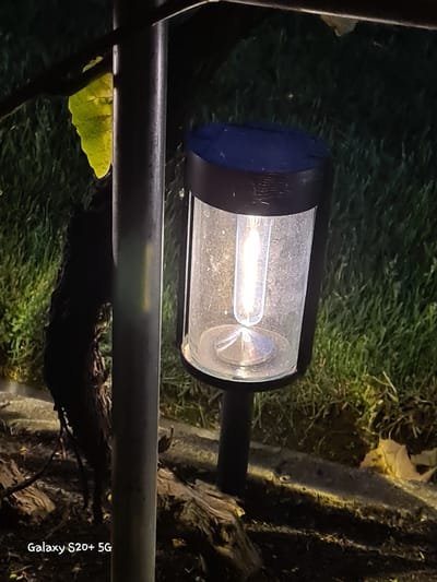 This is a close-up, eye-level, outdoor photograph taken at night in Woodburn, United States of America. The image features a solar-powered garden light with a clear glass cylinder containing a visible filament bulb. The light is illuminated, casting a glow. To the left of the light, a grey metal pole is prominent, with a dark, textured vine or branch partially obscuring it. A single green leaf, illuminated by the light, is visible near the top left of the frame. The background consists of dark green grass. In the lower right corner, a dried yellow leaf rests on the ground. The bottom left of the image contains the text "Galaxy S20+ 5G". The overall lighting is dim, typical of a nighttime setting, with artificial light from the solar lamp.