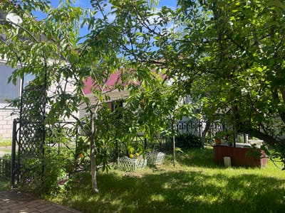 The image depicts a sunny day in a backyard garden in Ardon, Russia. A well-maintained brick house with a red roof is visible in the background, partially obscured by lush green trees. The foreground is dominated by a vibrant green lawn, with mature trees casting dappled shadows. In the garden, there are several decorative elements, including black wrought-iron fencing and two small white ornate planters, one containing yellow flowers. A red wooden structure, possibly a well or an old water pump, stands on the right side of the yard. The scene suggests a peaceful, domestic setting, likely during the daytime given the bright sunlight and blue sky with scattered clouds. The overall impression is one of a well-loved and tranquil garden.