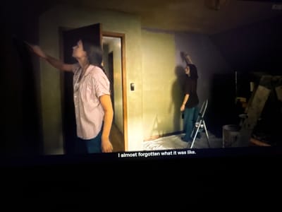 The image shows two women painting a room. The woman on the left is wearing a pink and white striped shirt and jeans, and is painting the wall with a brush. The woman on the right is wearing a brown shirt and teal pants, and is painting the ceiling with a brush. The room appears to be in an unfinished state, with drop cloths on the floor and painting supplies around. The overall lighting is dim. There is text at the bottom of the image that reads "I almost forgotten what it was like." The location is not specified as being in the city of Dolna banya, Bulgaria.