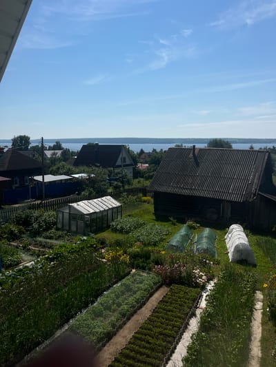 This is a high-angle, daylight, medium-shot photograph of a rural village scene in Gari, Russia. The foreground is dominated by a lush garden with rows of various vegetables, including what appear to be young plants and mature green stalks. There are also small flowering plants in shades of pink and yellow scattered throughout.
In the mid-ground, there are several garden structures. A large, transparent greenhouse is visible, followed by two smaller, arched green tunnels, likely for plant protection. To the right, a white, elongated cover, possibly for protecting plants from the elements, is present.
Further back, several houses are visible. On the left, a dark-colored house with a wooden fence is partially obscured by trees. In the center, a lighter colored house with a dark roof stands out. To the right, a larger, older-looking wooden house with a dark, corrugated roof and a chimney is prominent.
In the background, beyond the village, a wide body of water, likely a lake or river, stretches across the horizon. The sky is a clear, bright blue with a few wispy white clouds. The overall scene depicts a well-tended garden in a rural setting, with homes and a natural water feature suggesting a peaceful, communal environment. No people are visible in the image.