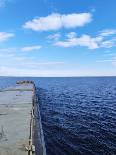 The image presents a broad daytime view from the deck of a large cargo vessel, likely a barge or bulk carrier, navigating a wide body of water. The ship's flat, utilitarian deck, fitted with numerous sealed hatches, occupies the foreground and extends into the middle distance on the left. A blue railing runs along the starboard side of the vessel, bordering the dark blue water.
The water itself is a deep, rich blue, showing gentle ripples and small waves across its surface, suggesting calm to moderate conditions. A faint wake or disturbance in the water along the ship's side indicates that the vessel is actively moving forward. On the distant horizon, a low-lying, light brown strip of land stretches across the frame, implying a large river or lake rather than open ocean. A small, lighter-colored vessel is barely discernible on the horizon near the distant shoreline.
The sky is a clear and vibrant blue, adorned with scattered white cumulus clouds of various sizes, typical of fair weather. The bright and even illumination suggests it is mid-day. The scene evokes a sense of vastness and tranquil travel.
No people are visible in the image. There is no discernible text or specific markings on the ship or in the environment. The setting, with its large waterway and distant low land, is consistent with the geographical context of Sannikovo, Russia, which is situated near major river systems.