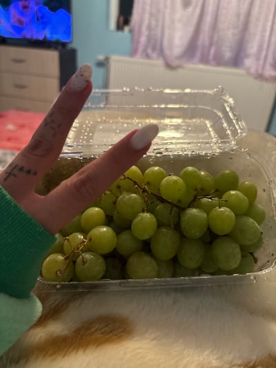 The image presents a close-up, elevated view of a human left hand forming a V-sign with its index and middle fingers, positioned directly above an open clear plastic container filled with green grapes. The hand is partially covered by a green long-sleeved garment. The index finger displays a white-tipped nail with small dark speckles, while the middle finger features a solid white-tipped nail. Small, dark linear tattoos are visible on the fingers. The clear plastic container holds numerous light green, moist grapes, some still attached to their short brown stems. The container's lid is open and rests slightly to the right, showing condensation droplets on its inner surface. The container rests on a surface covered by a patterned brown and cream-colored faux fur material. The background, largely out of focus, reveals an indoor setting in Kastel, Bulgaria, characterized by a light blue wall, a wooden dresser with two visible drawers, a television displaying a vibrant blue, abstract image, a white radiator, and sheer, light purple curtains.