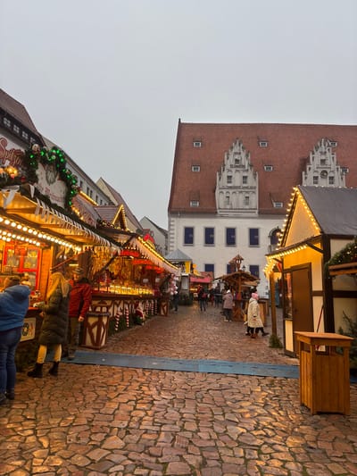 The image depicts an outdoor Christmas market scene in Meissen, Germany, specifically located in the market square in front of the Albrechtsburg. The sky is overcast and dull, suggesting late afternoon or early evening, with numerous artificial lights illuminated on market stalls.
In the foreground, the ground is paved with irregular, wet cobblestones, reflecting the warm glow from the market lights. A blue strip of material spans the width of the foreground. To the left, a series of decorated market stalls line the cobblestone path. These stalls feature white and red striped awnings, adorned with green garlands, string lights, and Christmas decorations. One stall sign partially displays "Spitzen..." and "Frohe Weihnacht." Goods, including items resembling dried food or crafts, are displayed under the illuminated awnings. Three individuals are visible at the leftmost stall: one person in a blue jacket with their back to the viewer, a woman with long blonde hair in a dark green coat, and a man in a red jacket and black beanie hat, all appearing to browse.
Further down the market path, additional stalls are visible, some with wooden frameworks and string lights. On the right side of the image, another market stall is present, with string lights and a dark wooden door. A wooden trash receptacle stands beside it.
In the background, a large, historic building with a prominent red tiled roof dominates the scene. The roof features numerous rectangular dormer windows and two ornate white gables. The building's white facade has multiple dark-framed windows, some of which bear numbers (e.g., 15, 19, 14, 18) in a blue font. This building is identified as Albrechtsburg Meissen. Beyond the immediate market area, several indistinct figures are visible walking through the cobblestone square.