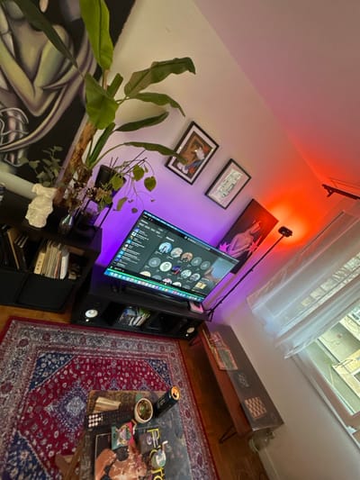 An oblique angle captures a cozy interior. A wall adorned with framed artwork, illuminated by warm orange hues, contrasts with a sleek TV emitting a cool purple glow. Lush houseplants flank a black storage unit. A patterned rug anchors a coffee table cluttered with books and items. A window offers a glimpse of an exterior cityscape.