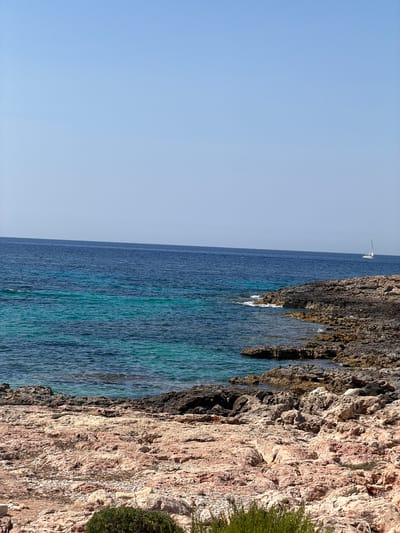 The image depicts a rocky coastline meeting the clear blue sea under a bright sky, suggesting a sunny day. The viewpoint is from above, looking down at the water and the textured rock face. The sea transitions from a deep blue further out to a vibrant turquoise closer to the shore, with small waves lapping at the base of the cliffs. The rocks are rough and uneven, with various shades of brown and red, indicating a natural, uncultivated landscape. In the distance, a small white sailboat is visible on the horizon, adding a touch of human presence to the otherwise natural scene. The overall impression is one of a serene and picturesque coastal environment, likely a popular spot for enjoying nature and the sea. The image is oriented vertically, with the sky occupying the left side and the sea and rocks on the right. The time of day appears to be midday, given the bright light and absence of long shadows. There is no visible text in the image.
