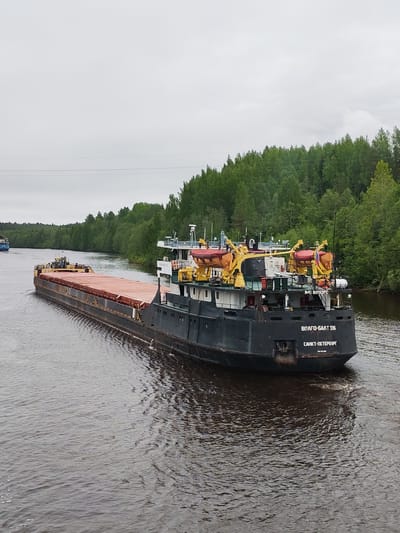The image depicts a large barge or river cargo vessel, "VOLGO-BALT 136 САНКТ-ПЕТЕРБУРГ", navigating a waterway. The barge is primarily dark in color, with a large, flat deck area covered by an orangish-brown material. There is a smaller vessel further ahead on the water. The surrounding environment consists of lush green trees and vegetation lining both sides of the waterway. The sky is overcast, indicating a cloudy day. The water is dark and reflects the surrounding environment.
The vessel is located on a canal located in the city of Depo, Russia.