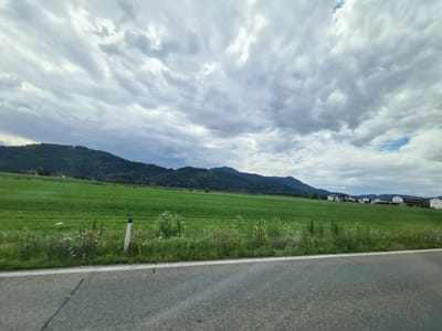 The image depicts a rural landscape under a cloudy sky. In the foreground, a grey asphalt road with a white stripe runs horizontally across the bottom of the frame. To the left of the road, a bright green field stretches into the distance. A white and red marker post stands in the grass bordering the field. The field is bordered by a line of wild flowers and grasses. Beyond the field, a range of tree-covered hills forms the background, with a few houses visible on the right side of the frame. The sky is filled with a variety of grey clouds, with some patches of blue sky showing through. The scene appears to be located in Radelsdorf, Austria, given the architectural style of the houses and the mountainous terrain. There are no people or animals visible in the image.