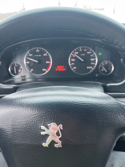 The scene depicts the interior of a vehicle in Карабоўскі сельскі Савет, Belarus, viewed from the driver's perspective. In the foreground, the lower portion of a black, textured leather-wrapped steering wheel is visible, featuring a chrome Peugeot lion emblem centrally positioned on the airbag cover. The upper edge of the steering wheel shows minor wear and visible stitching.
Immediately behind the steering wheel, the vehicle's instrument cluster is clearly displayed. On the left, a tachometer indicates approximately 2000 RPM, with a redline starting around 6000 RPM. To the right, a speedometer shows the vehicle's speed at approximately 90 km/h, with a maximum dial reading of 230 km/h. Between these two primary gauges, a digital display in orange numerals shows "509.7" (likely a trip odometer) and "375504" (likely the total odometer).
A small gauge to the far left indicates a low fuel level, with its needle positioned near the empty mark and a red warning light illuminated. A corresponding small gauge to the far right indicates a low engine temperature. A green indicator light, consistent with a right turn signal, is illuminated on the upper right side of the speedometer. Through the windshield, visible above the instrument cluster, the blurred background suggests an outdoor, daylight environment with a bright, possibly overcast sky or distant light-colored scenery.