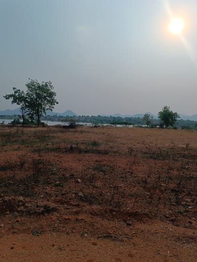 The image shows a landscape in Kothacheruvu, India, with a foreground of red-brown, arid land sparsely covered with low vegetation. In the midground, there are a few trees, some of which are green and leafy. A body of water is visible beyond the trees, with some green vegetation along the shoreline. Distant hills or mountains are present on the horizon under a hazy sky. The sun is visible in the upper right corner, emitting a bright light. There are no people visible in the scene.