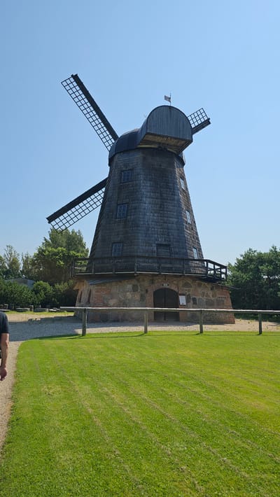The image depicts a traditional wooden windmill with a stone and brick base, set against a clear blue sky. The windmill has four large sails, two of which are partially visible. The structure is weathered, with wooden shingles covering most of its surface. A wooden balcony encircles the upper section of the base. A sign with the year "1924" is visible above the entrance doors. The windmill is surrounded by a gravel path and a neatly mown green lawn. A wooden fence with vertical posts runs along the edge of the lawn in front of the windmill. In the background, there are trees and some vegetation. A person's legs and torso are visible on the far left side of the image, walking along the gravel path. The location is identified as the city of Tylinava, Lithuania.