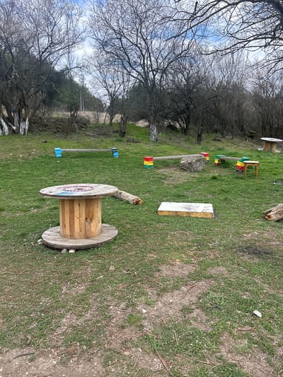 This image depicts an outdoor recreational area in Dolni Rakovets, Bulgaria, under an overcast sky. The foreground consists of sparsely green ground interspersed with patches of bare soil and scattered twigs and leaf litter. No individuals are present.
Dominating the mid-ground on the left is a large wooden cable spool repurposed as a table, featuring a circular wooden top with a decorative, possibly braided or woven, rim in pink and purple hues. The spool's central cylinder is constructed from vertical wooden planks, and it rests on a circular wooden base, which is elevated by several small rocks.
Further into the scene, towards the center-right, two elongated wooden structures resembling benches or balance beams are visible. One is positioned to the left of a large, irregular gray rock. It consists of a light-colored rectangular beam supported by two blocks painted in red, yellow, and green stripes. To the right of the rock, another similar structure is present, supported by two blocks with the same red, yellow, and green stripe pattern. Adjacent to this second structure, on its right, is a small, light-brown wooden table with four legs.
In the mid-ground, centered between the large spool and the painted structures, lies a flat, rectangular object, possibly a plank or panel, with a light-colored surface and darker edges, resting directly on the ground. Several pieces of cut timber or logs are scattered on the ground near these objects.
The background features a dense treeline composed primarily of deciduous trees with bare branches, suggesting an early spring or late autumn season. Some tree trunks in the left background show signs of white paint at their bases. Behind the treeline, a vegetated hill rises, displaying a mix of deciduous and evergreen trees, with a utility pole visible further up the slope. The sky is partially cloudy with patches of blue.