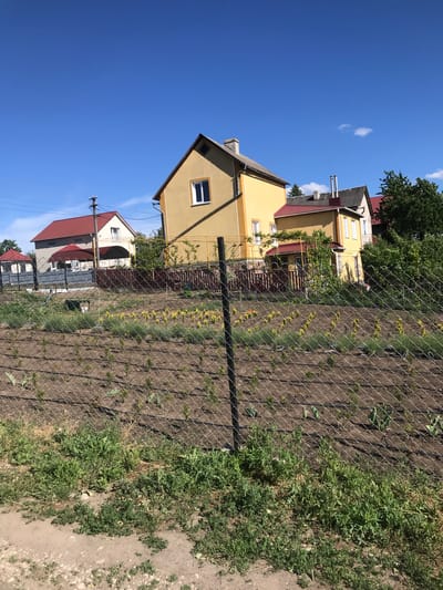 The image depicts a residential scene in Petrykiv, Ukraine. A yellow two-story house with a red-tiled roof is visible behind a chain-link fence that runs alongside a cultivated garden. Adjacent to the garden, vegetation is present. In the background, additional houses with red-tiled roofs and white walls can be observed. The sky is clear and blue.